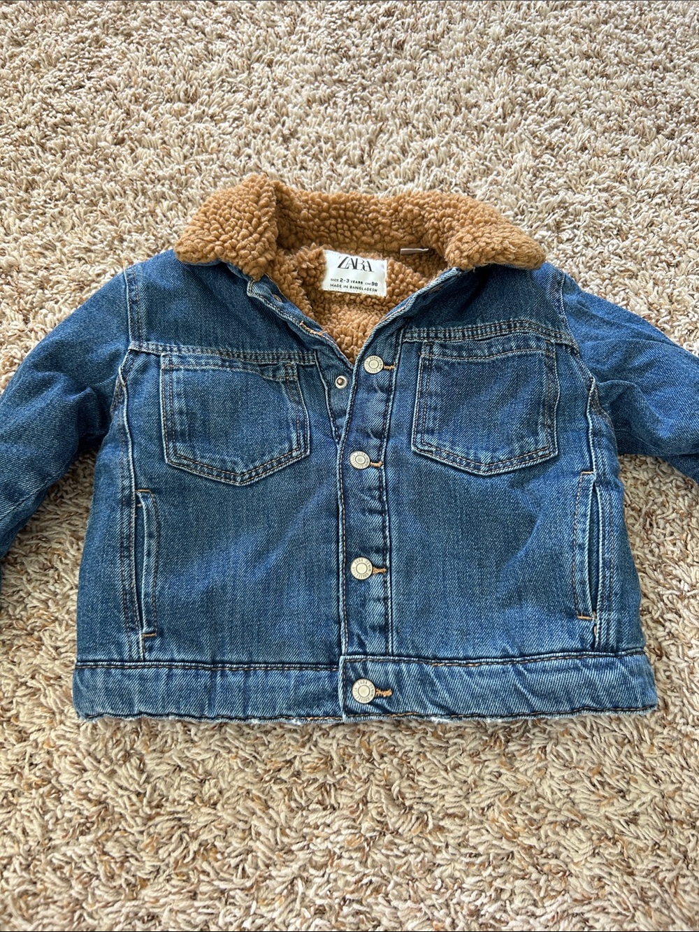 Zara Kids Blue Denim Jacket with Tan Sherpa Collar
